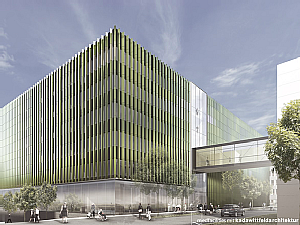 Der Neubau wird über eine Brücke an das Herzzentrum der Uniklinik angebunden. Foto: kadawittfeldarchitektur