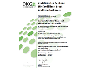 DKG-Zertifikat für das Zentrum Familiärer Brust- und Eierstockkrebs, Quelle: DKG