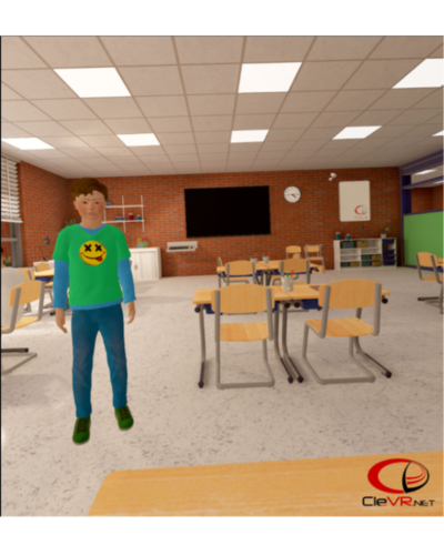 Ein Personen-Avatar steht im Klassenzimmer